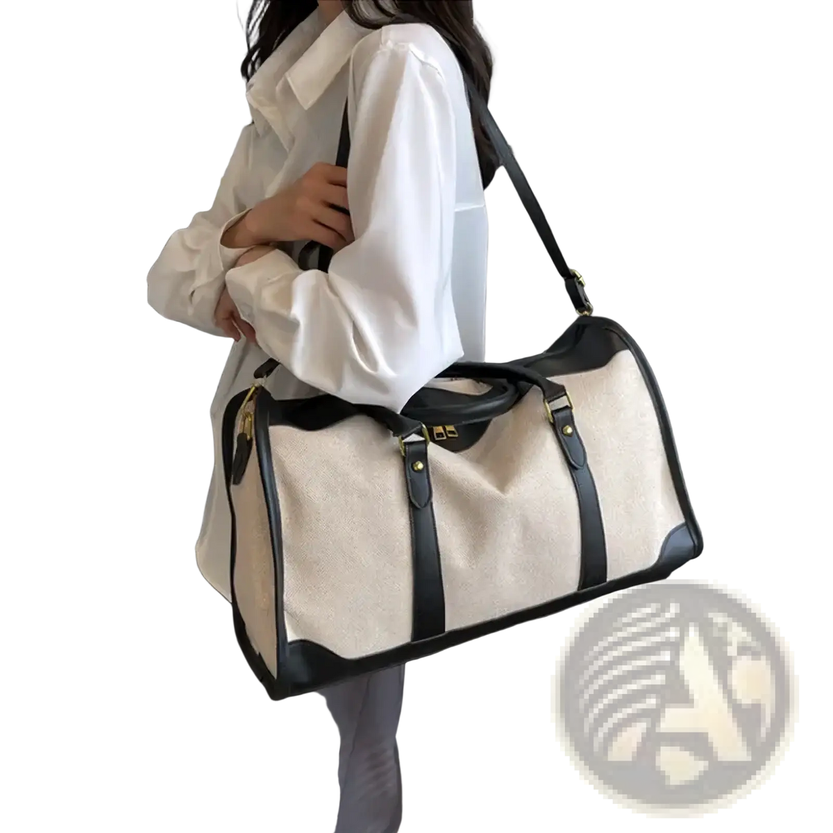 Beige and black canvas travel duffel bag with leather straps and gold-tone hardware for large gym luggage use