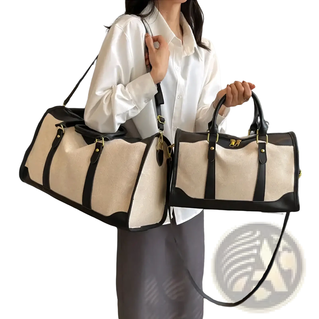 Beige and black canvas travel duffel bag with leather trim and gold-tone hardware for large gym and luggage use
