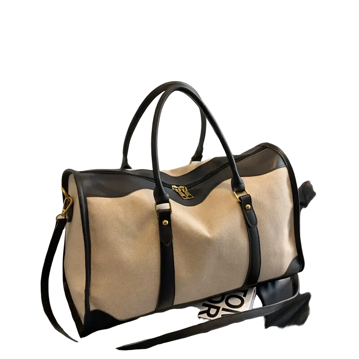 Beige and black two-tone canvas travel duffel bag with leather trim and gold-toned hardware for gym and luggage use