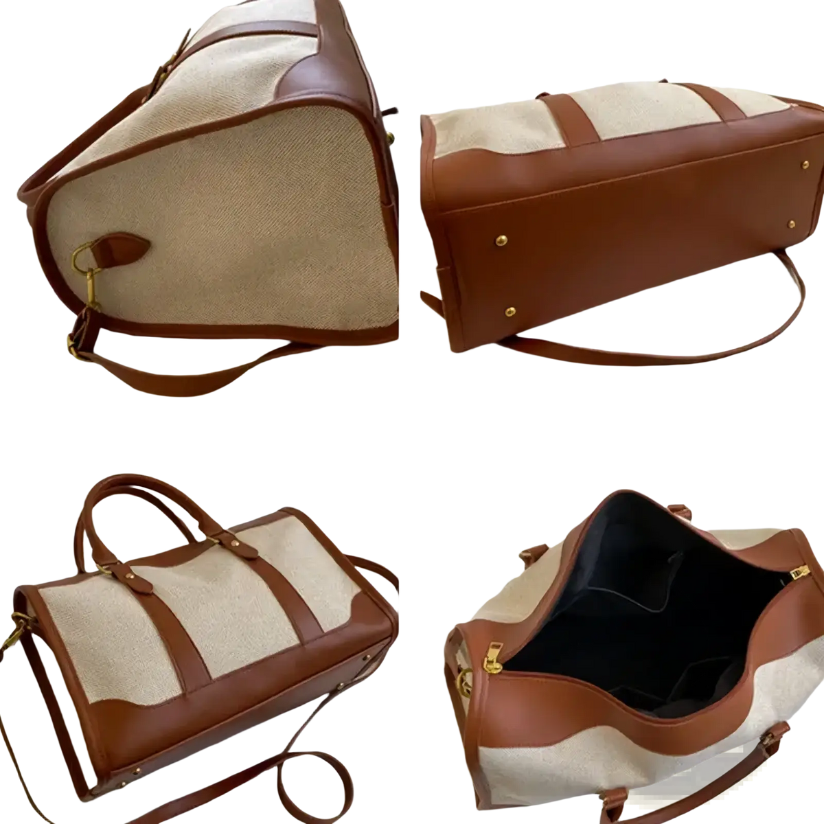 Beige and brown canvas travel duffel bag with leather trim large gym luggage for durable use and stylish carrying