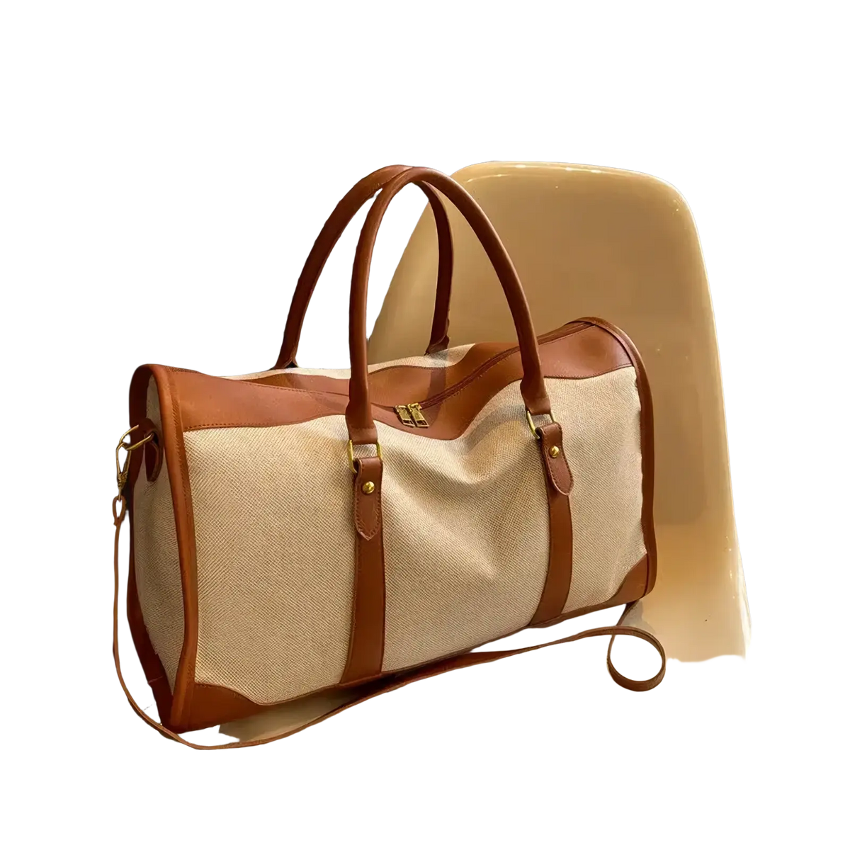 Beige and brown leather-trimmed canvas travel duffel bag with woven body large gym luggage for versatile use