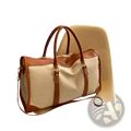 Beige and brown leather-trimmed canvas travel duffel bag with woven body for large gym luggage use