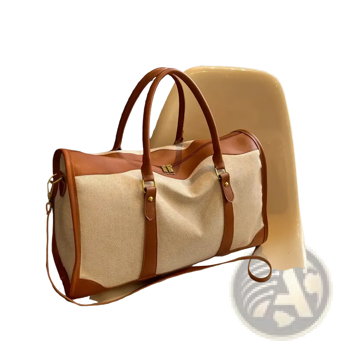 Beige and brown leather-trimmed canvas travel duffel bag with woven body for large gym luggage use