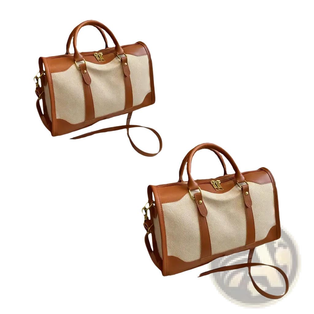 Tan and beige two-tone canvas travel duffel bag with leather trim handles and detachable shoulder strap for gym or luggage use