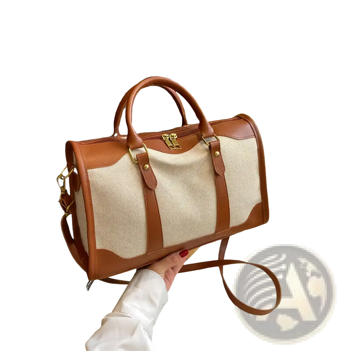 A tan and beige woven canvas travel duffel bag with brown leather trim handles and detachable shoulder strap