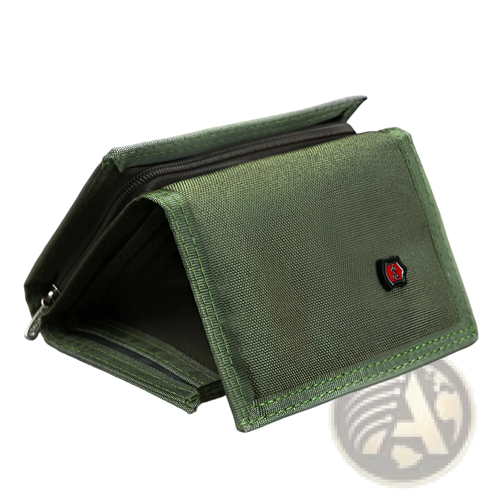 Olive green canvas tactical tri-fold wallet with black zipper and red shield logo for coin purse use