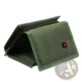 Olive green canvas tactical tri-fold wallet with black zipper and red shield logo for coin purse use