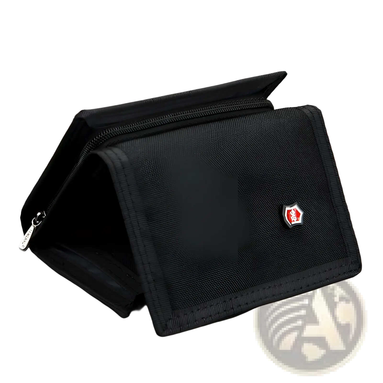 Black fabric canvas tactical tri-fold wallet with red and silver logo emblem on the front for coin storage