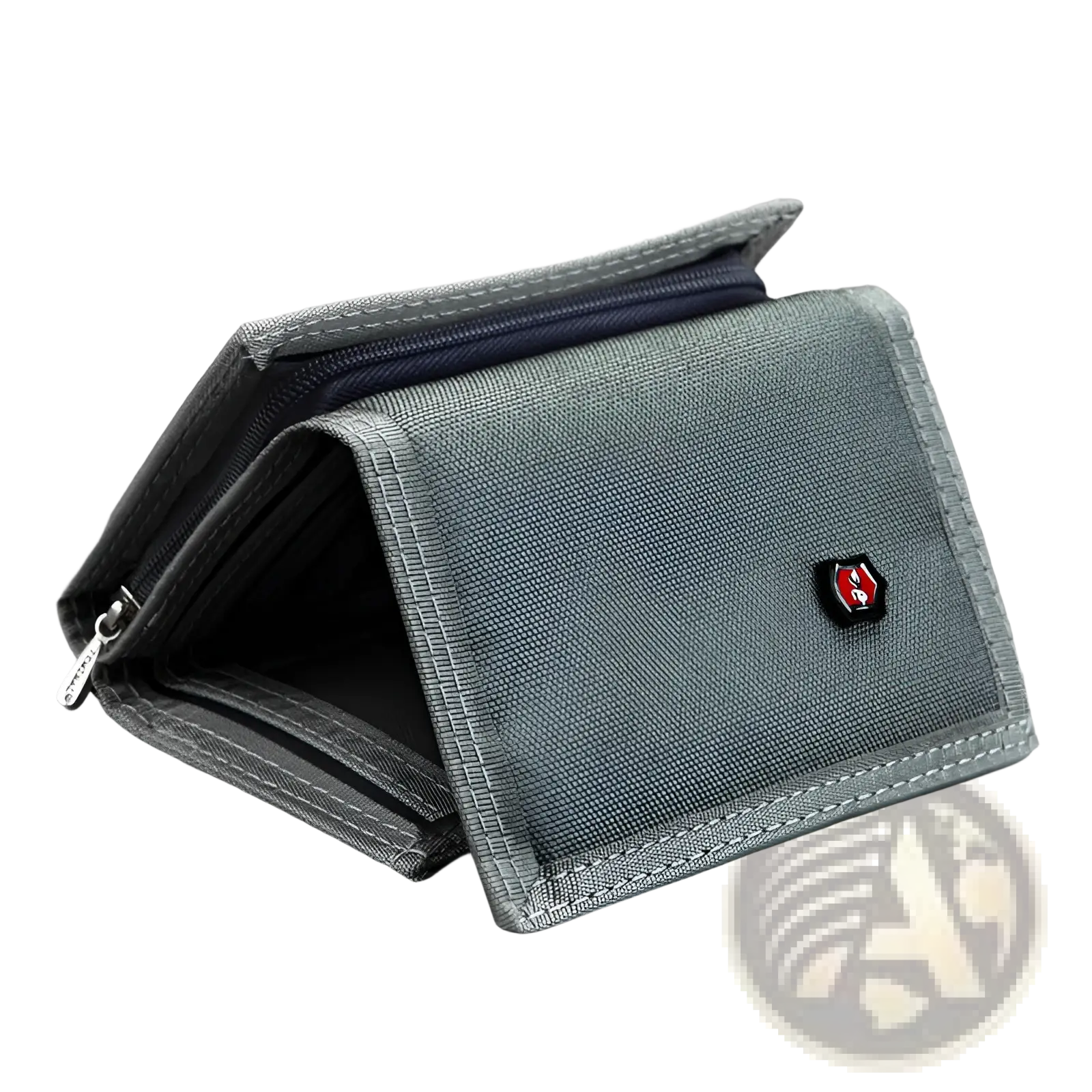 Gray canvas tactical tri-fold wallet with red and black Swiss Army logo emblem for durable coin purse use