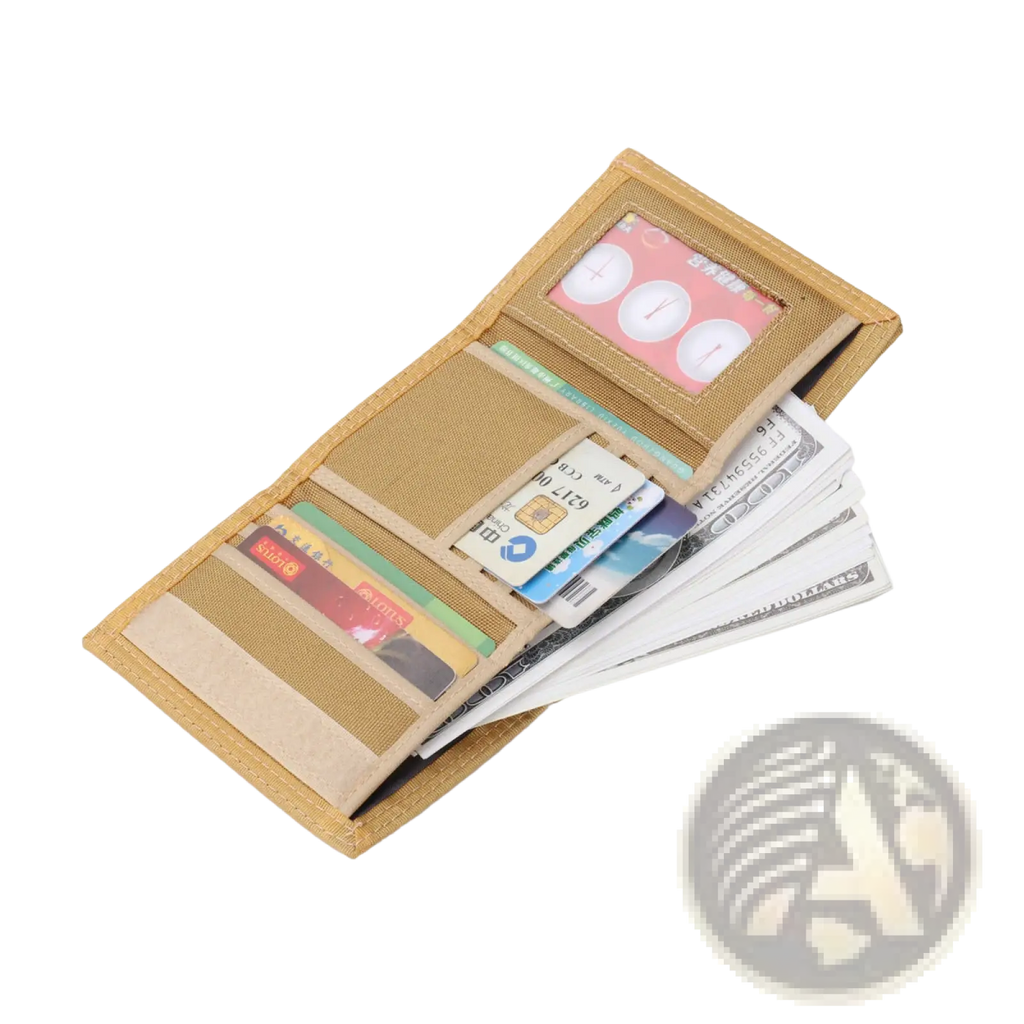 Tan canvas tactical tri-fold wallet with multiple card slots and transparent id window for organized storage
