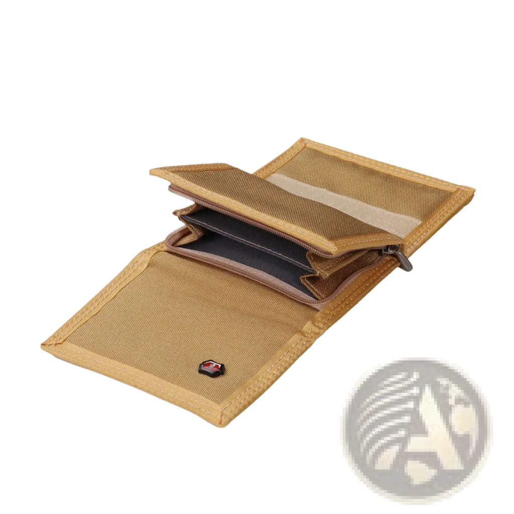 Canvas wallet tactical tri-fold coin purse in tan with mesh panels and black zipper featuring swiss army logo on front
