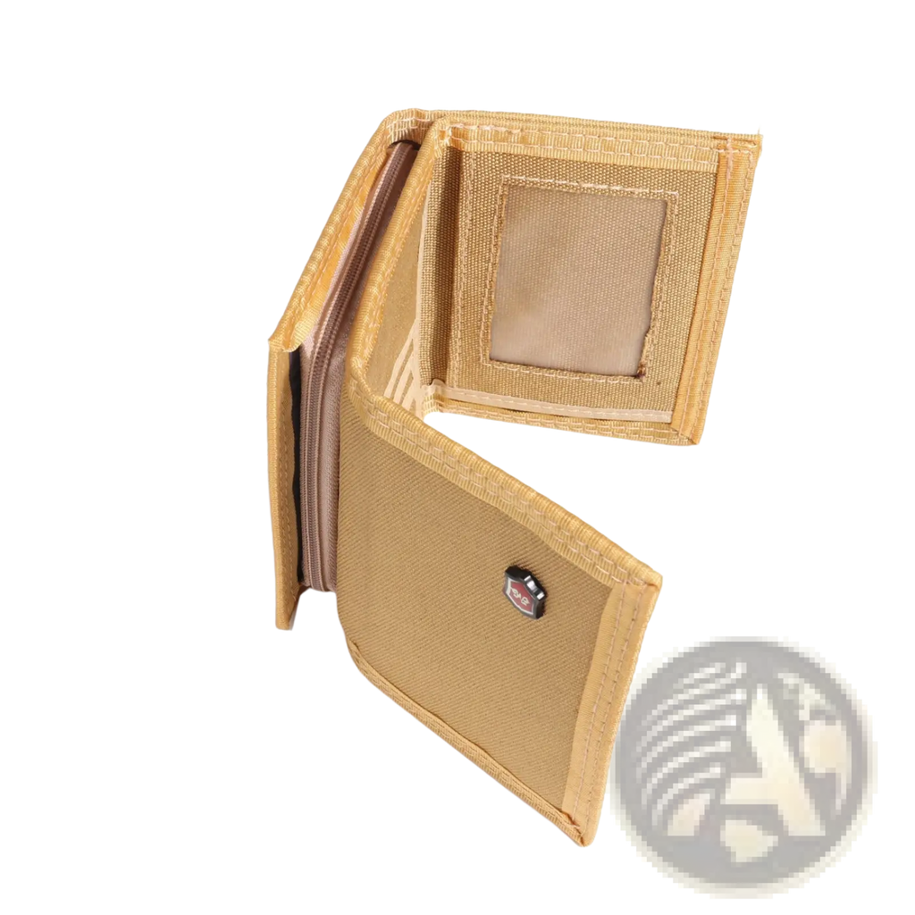 Canvas wallet tactical tri-fold coin purse in tan woven fabric with brown zipper and small black logo patch
