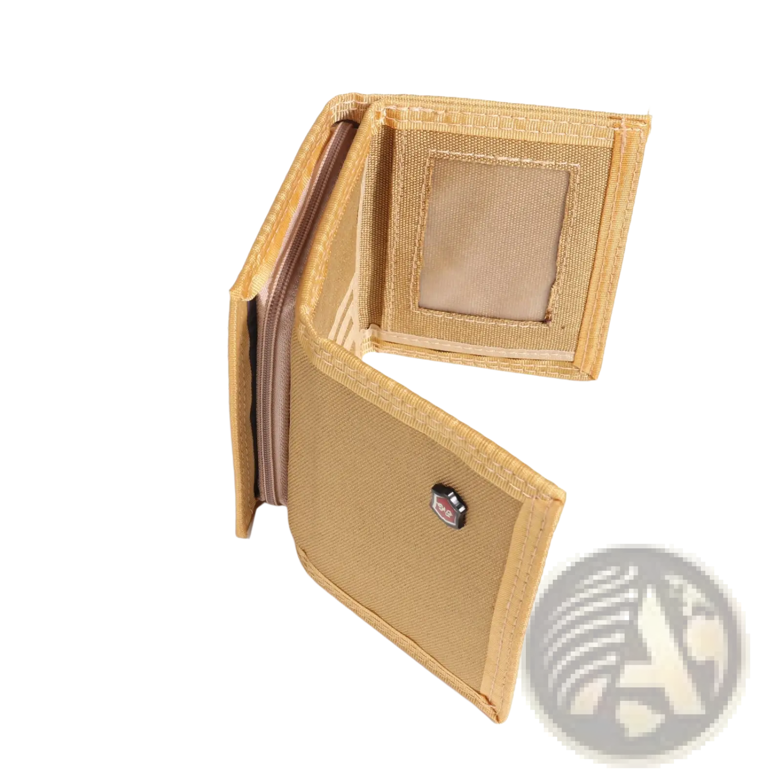 Canvas wallet tactical tri-fold coin purse in tan woven fabric with brown zipper and small black logo patch