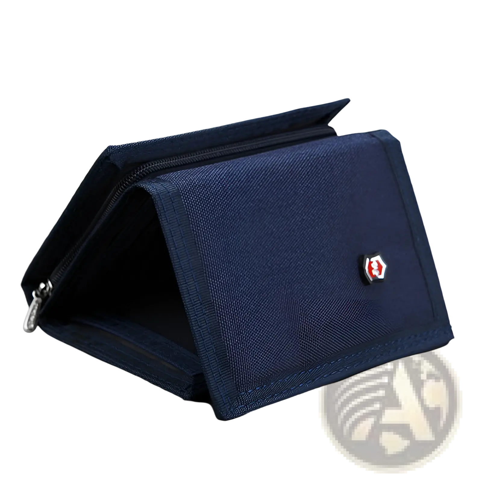 Navy blue canvas wallet with woven texture and a red and white shield-shaped logo on the front for tactical use