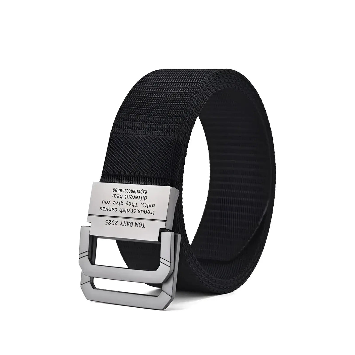Black tactical canvas web belt with silver-toned automatic metal buckle featuring engraved text unisex design