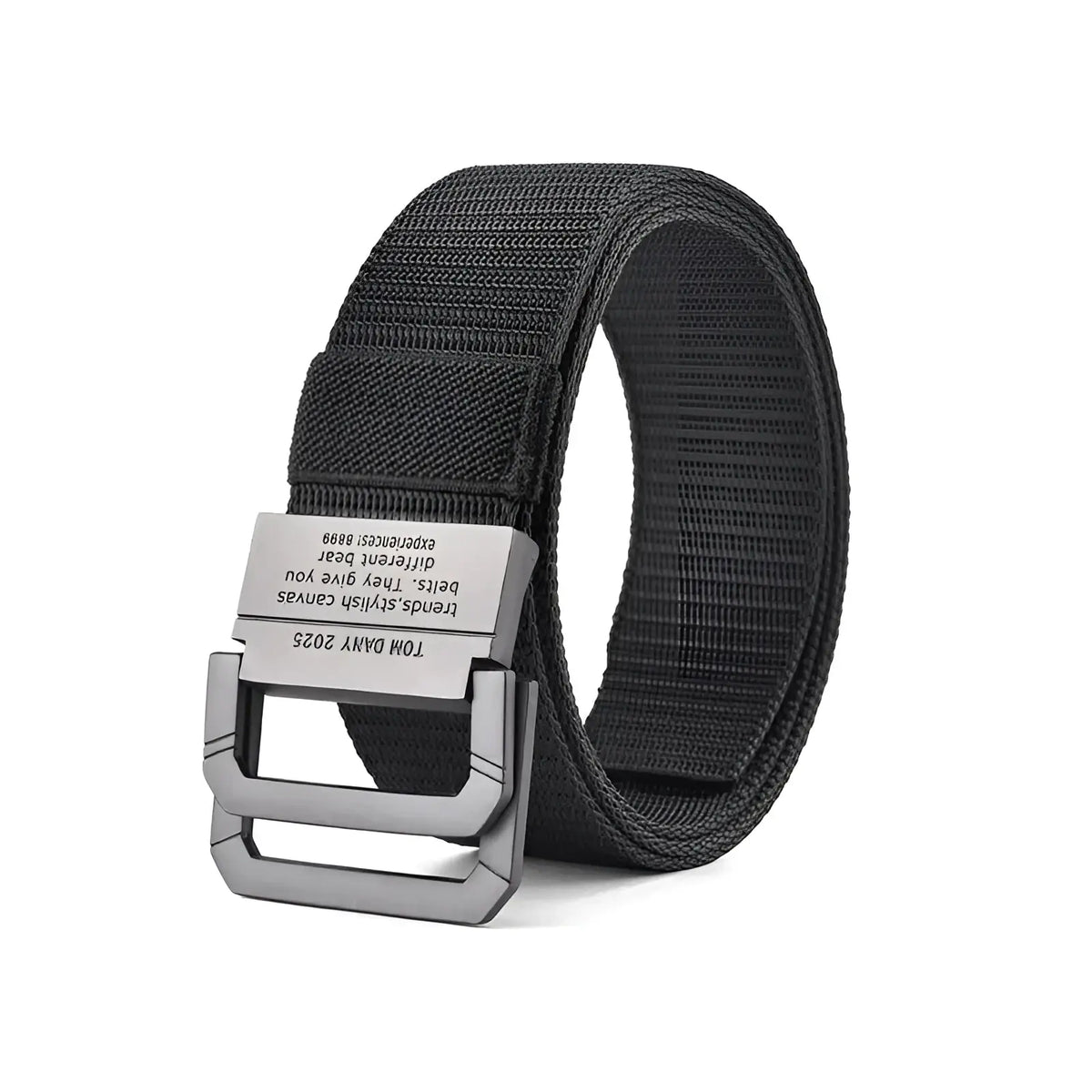 Black tactical canvas web belt with automatic silver-toned metal buckle and engraved text unisex design