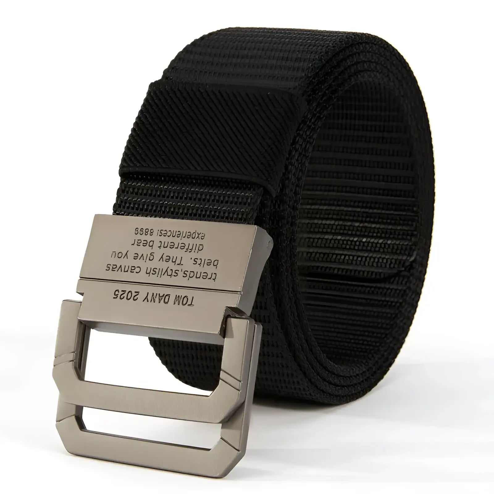 Black canvas web belt with automatic matte silver metal buckle featuring engraved text for unisex use