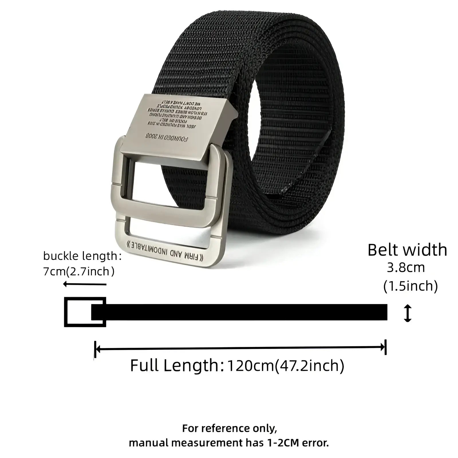 Black canvas web belt with automatic silver-toned metal buckle featuring engraved text for unisex use