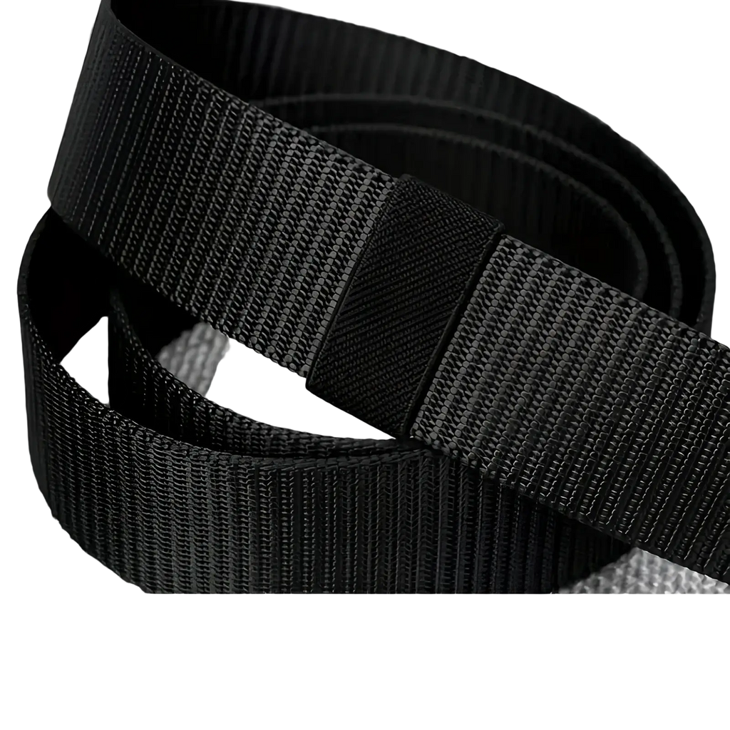 Black canvas web belt with thick woven fabric and reinforced automatic metal buckle for unisex use