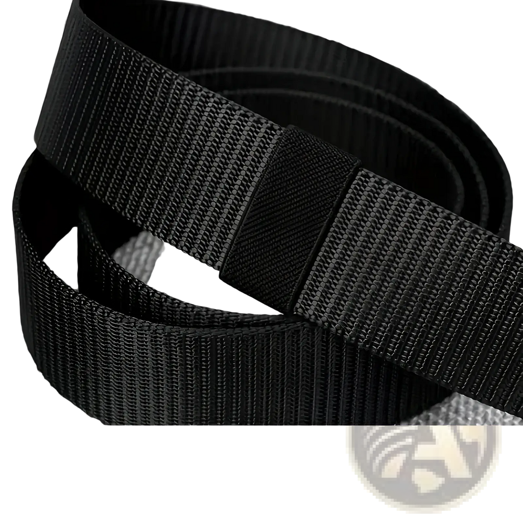 Black canvas web belt with thick woven fabric and reinforced automatic metal buckle for unisex use