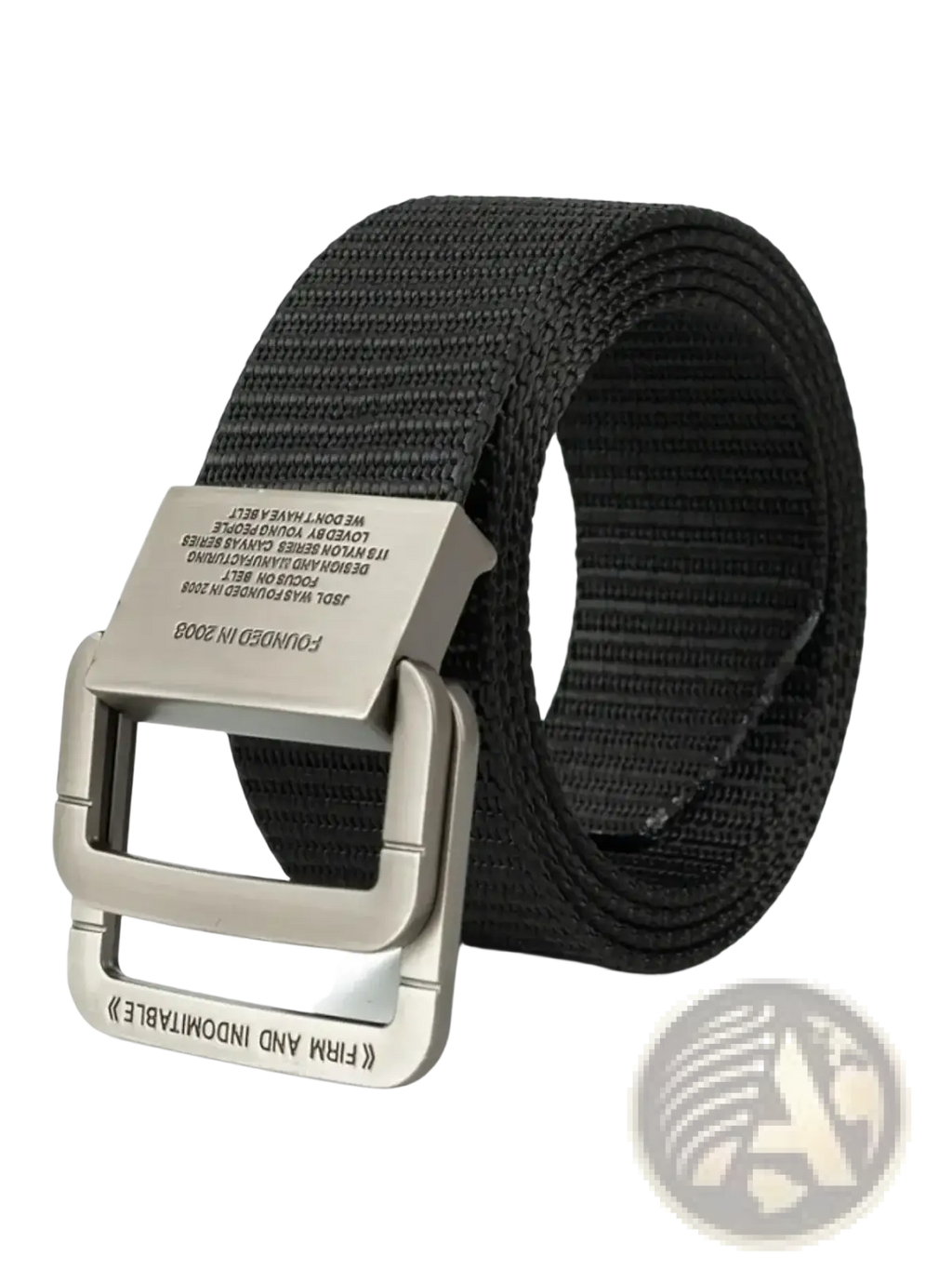 Black woven nylon canvas web belt with silver-toned automatic metal buckle featuring engraved text, unisex design