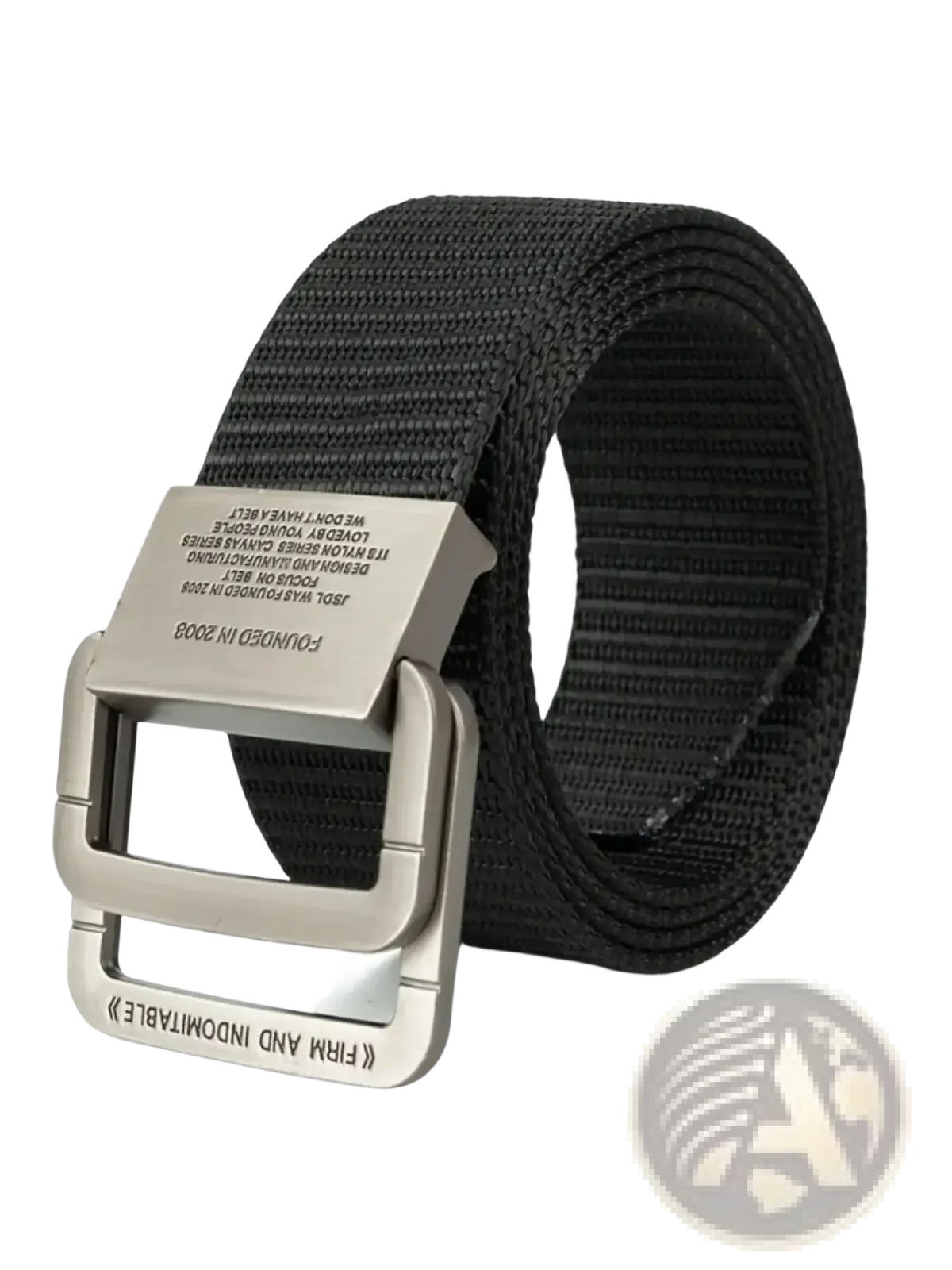Black woven nylon canvas web belt with silver-toned automatic metal buckle featuring engraved text, unisex design
