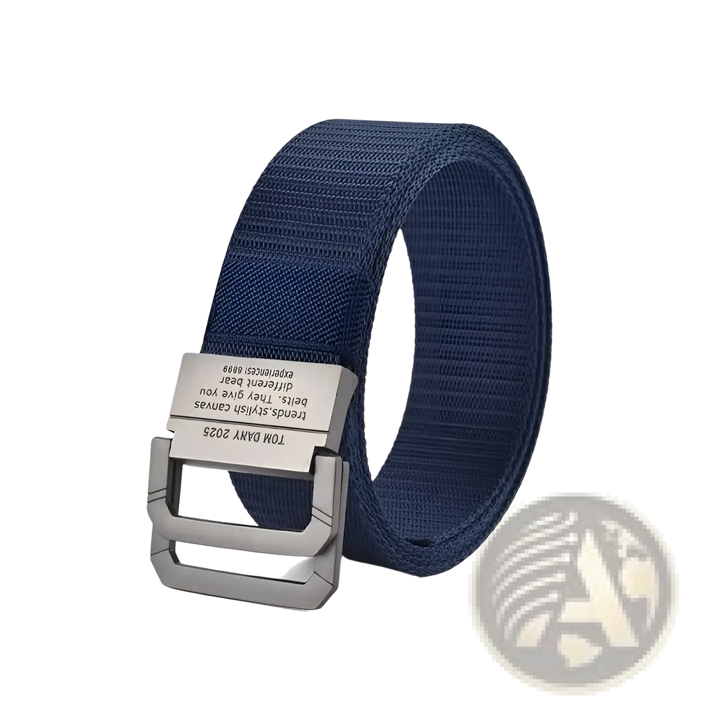 Navy blue canvas web belt with silver-toned automatic metal buckle featuring engraved text unisex design