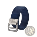 Navy blue canvas web belt with silver-toned automatic metal buckle featuring engraved text unisex design