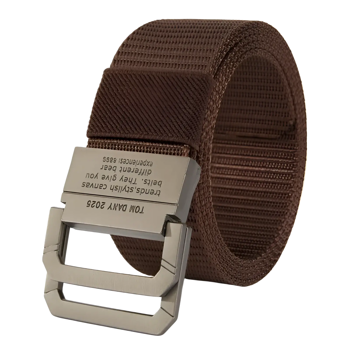 Brown canvas web belt with automatic matte silver metal buckle featuring engraved text for unisex use