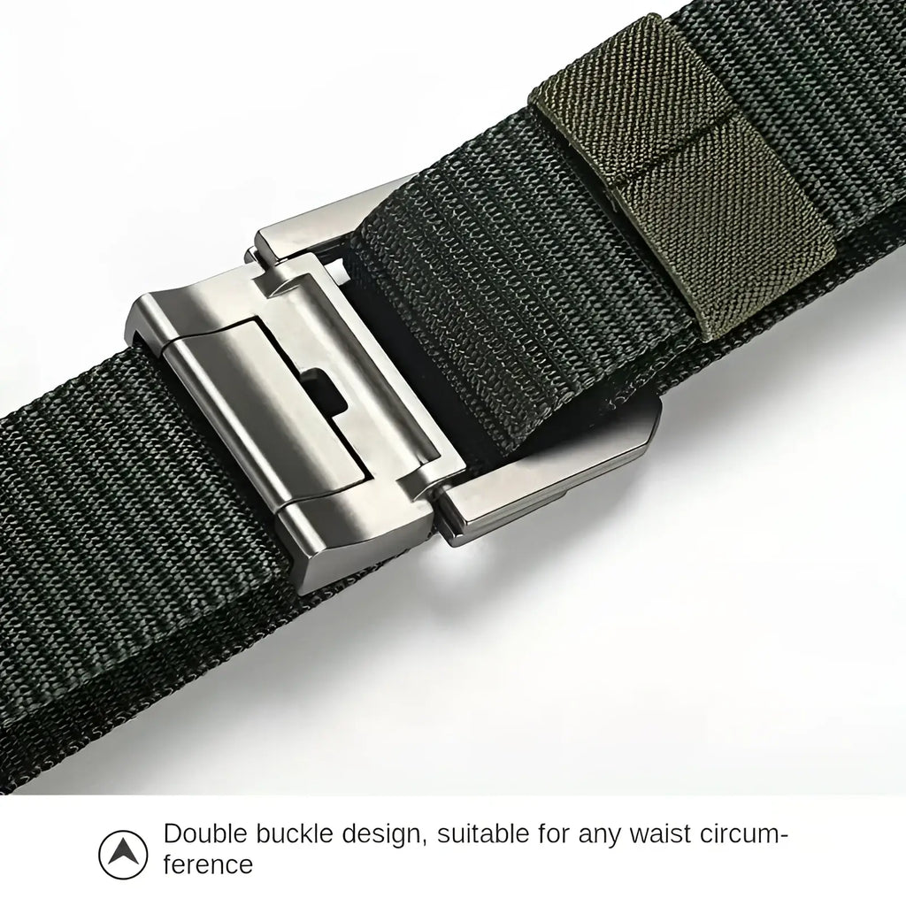 Dark green canvas web belt with a sturdy silver-toned double metal buckle suitable for unisex use