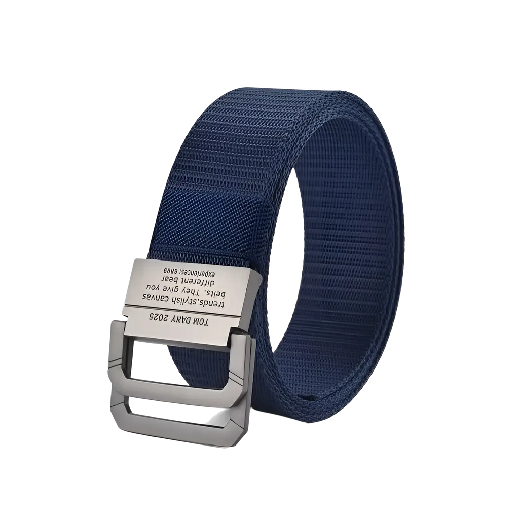 Navy blue canvas web belt with silver-toned automatic metal buckle featuring engraved text unisex design