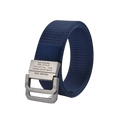 Navy blue canvas web belt with silver-toned automatic metal buckle featuring engraved text unisex design