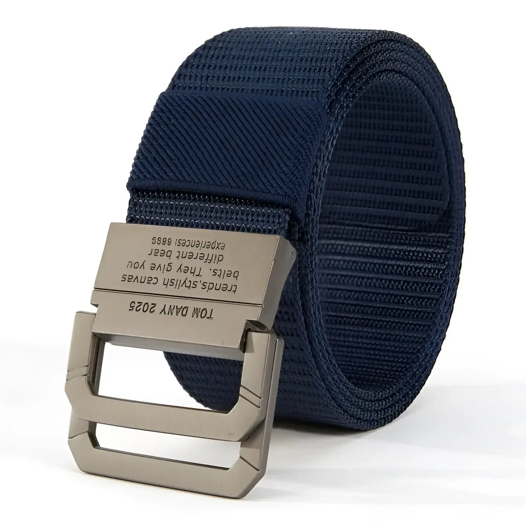 Navy blue canvas web belt with a silver-toned automatic metal buckle featuring engraved text for unisex use