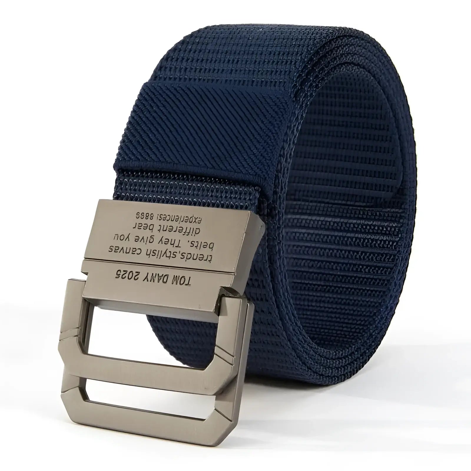 Navy blue canvas web belt with a silver-toned automatic metal buckle featuring engraved text for unisex use