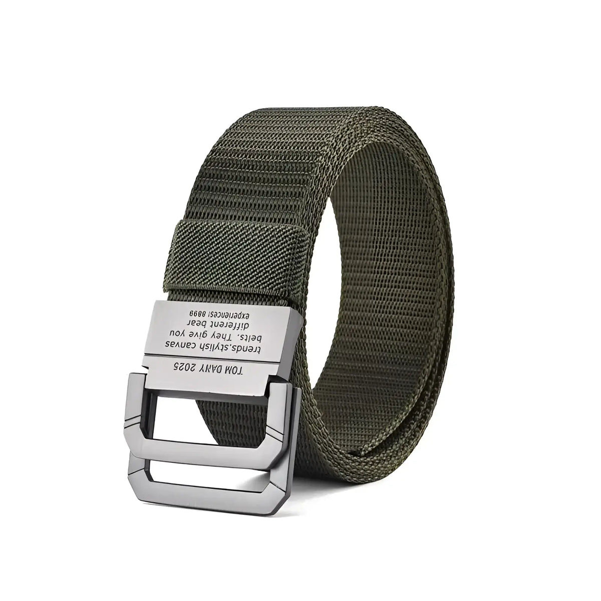 Olive green canvas web belt with automatic silver-toned metal buckle featuring engraved text for unisex use