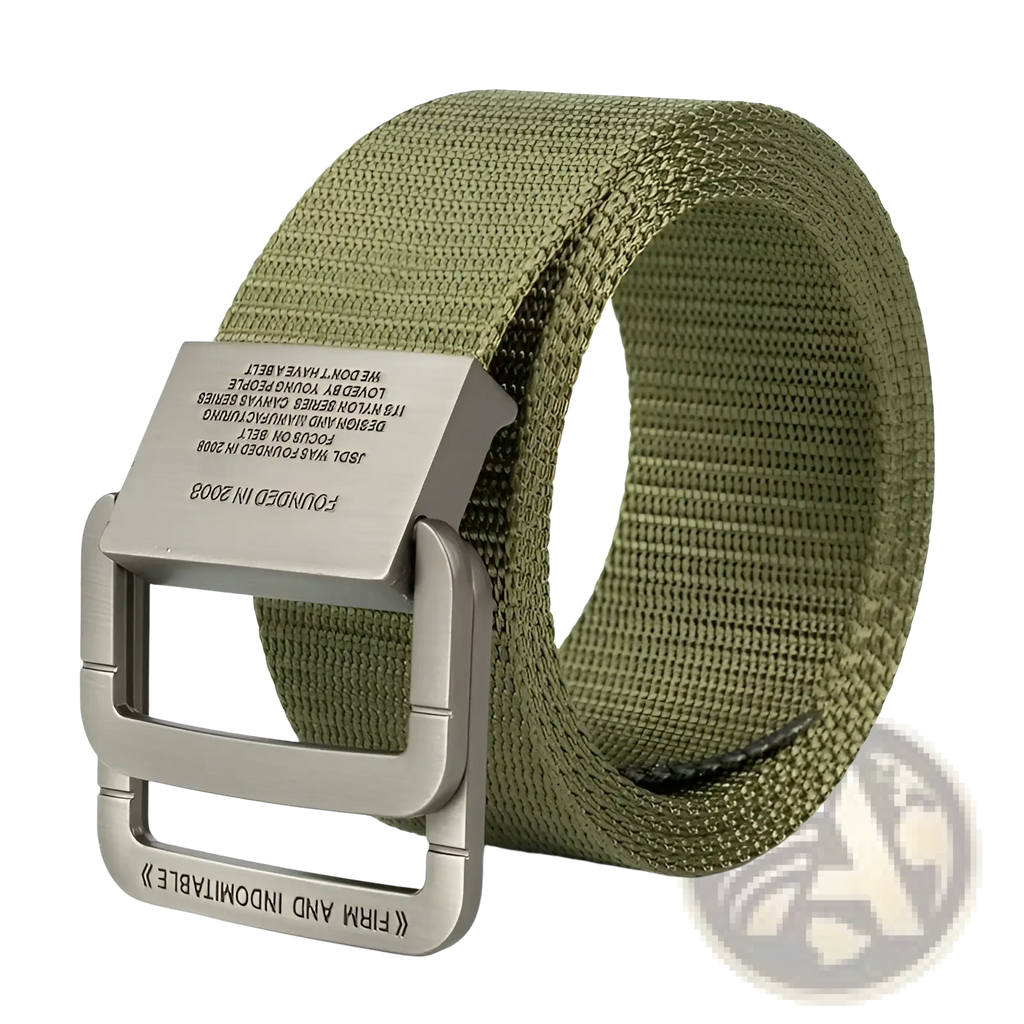 Olive green canvas web belt with automatic silver metal buckle featuring engraved tactical webbing design for unisex use