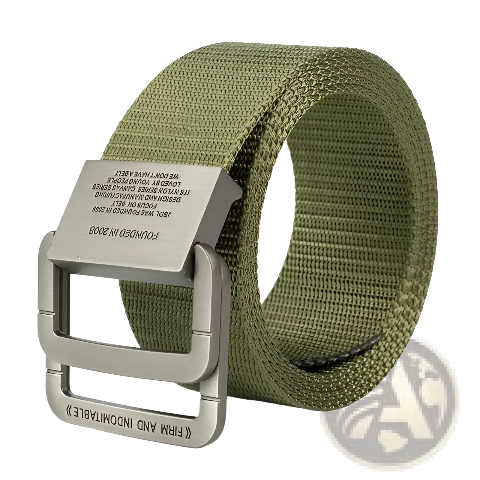Olive green canvas web belt with automatic silver metal buckle featuring engraved tactical webbing design for unisex use