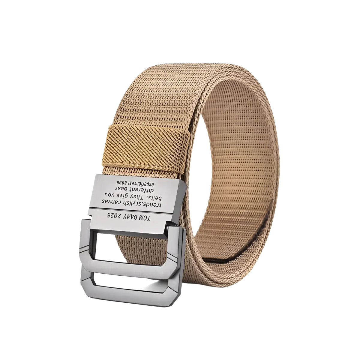 Tan tactical canvas web belt with automatic silver-toned metal buckle featuring engraved text for unisex use