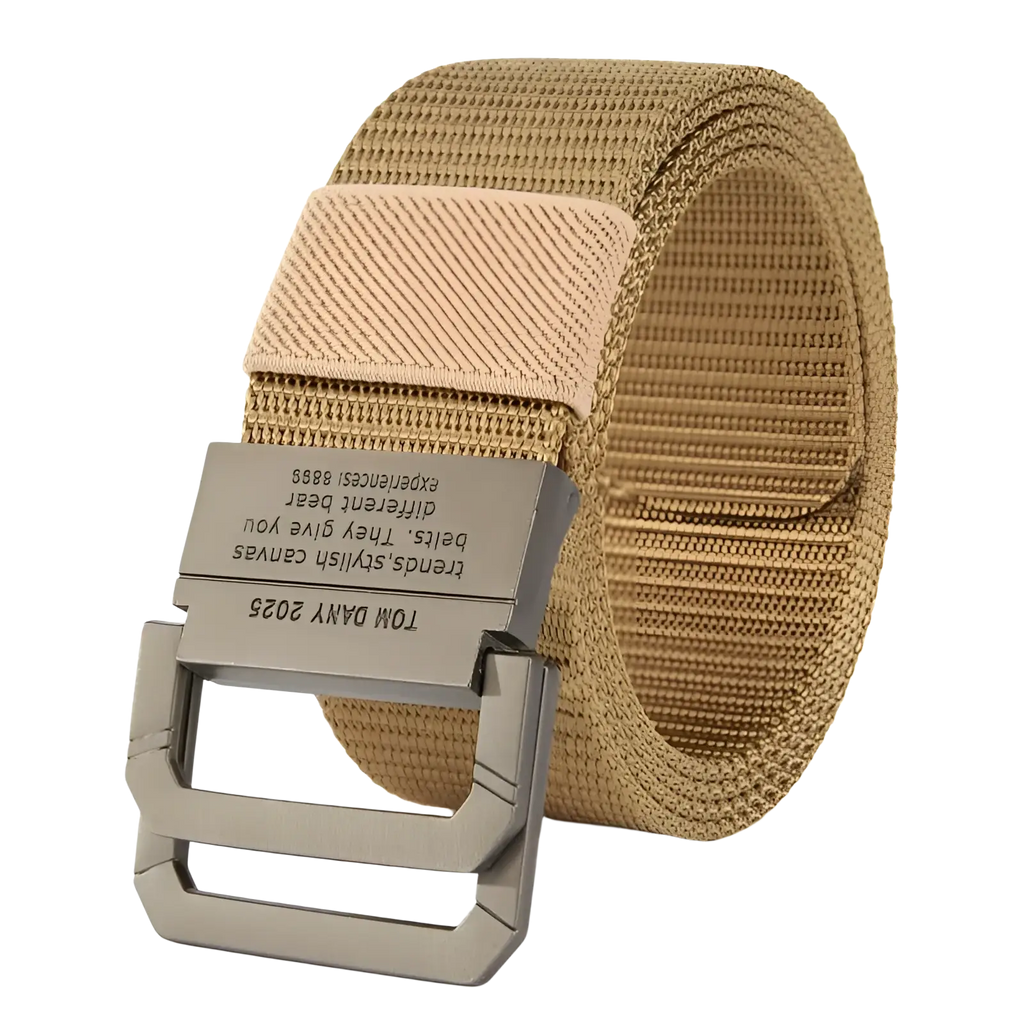 Tan canvas web belt with automatic matte gray metal buckle engraved with text for unisex tactical use