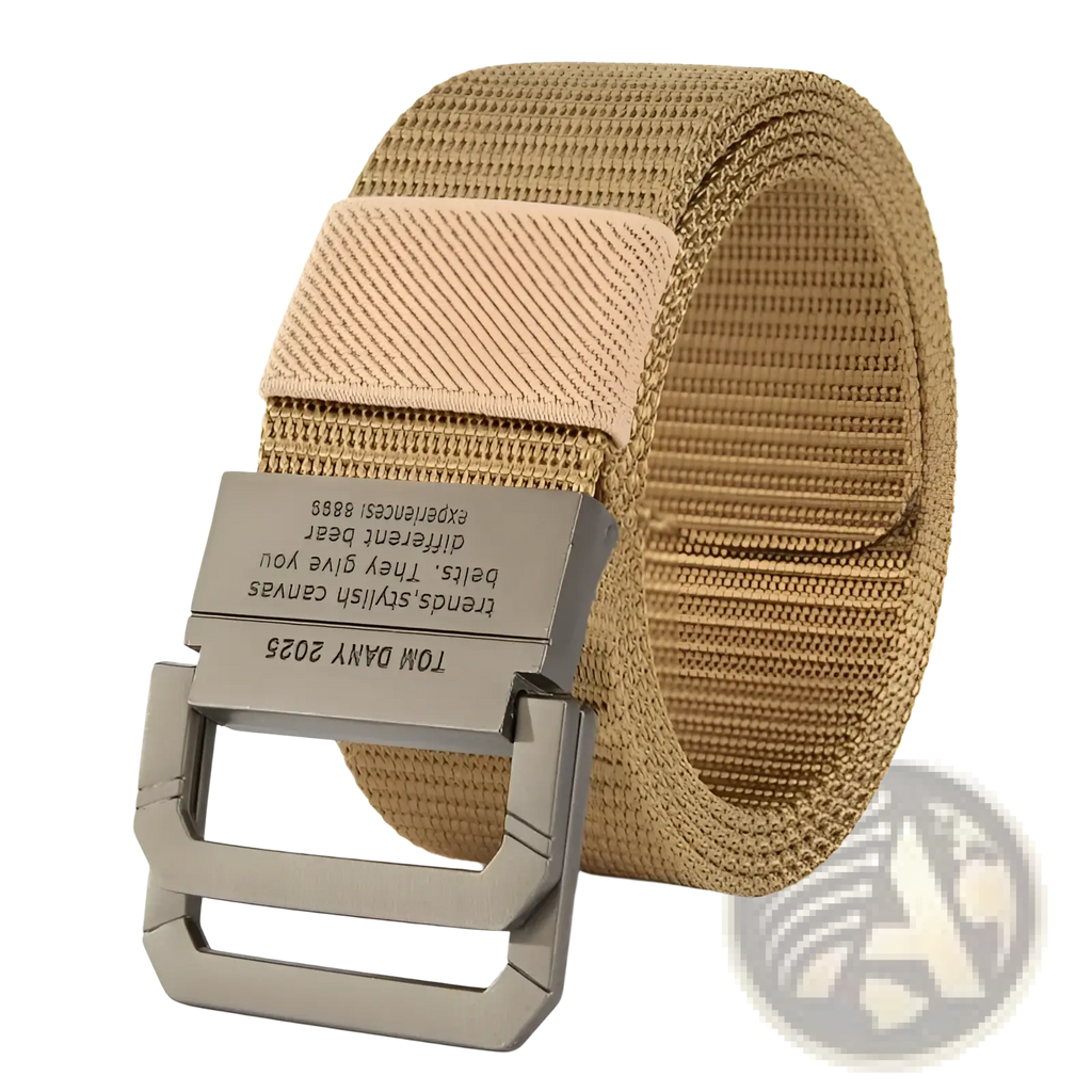 Tan canvas web belt with automatic matte gray metal buckle engraved with text for unisex tactical use