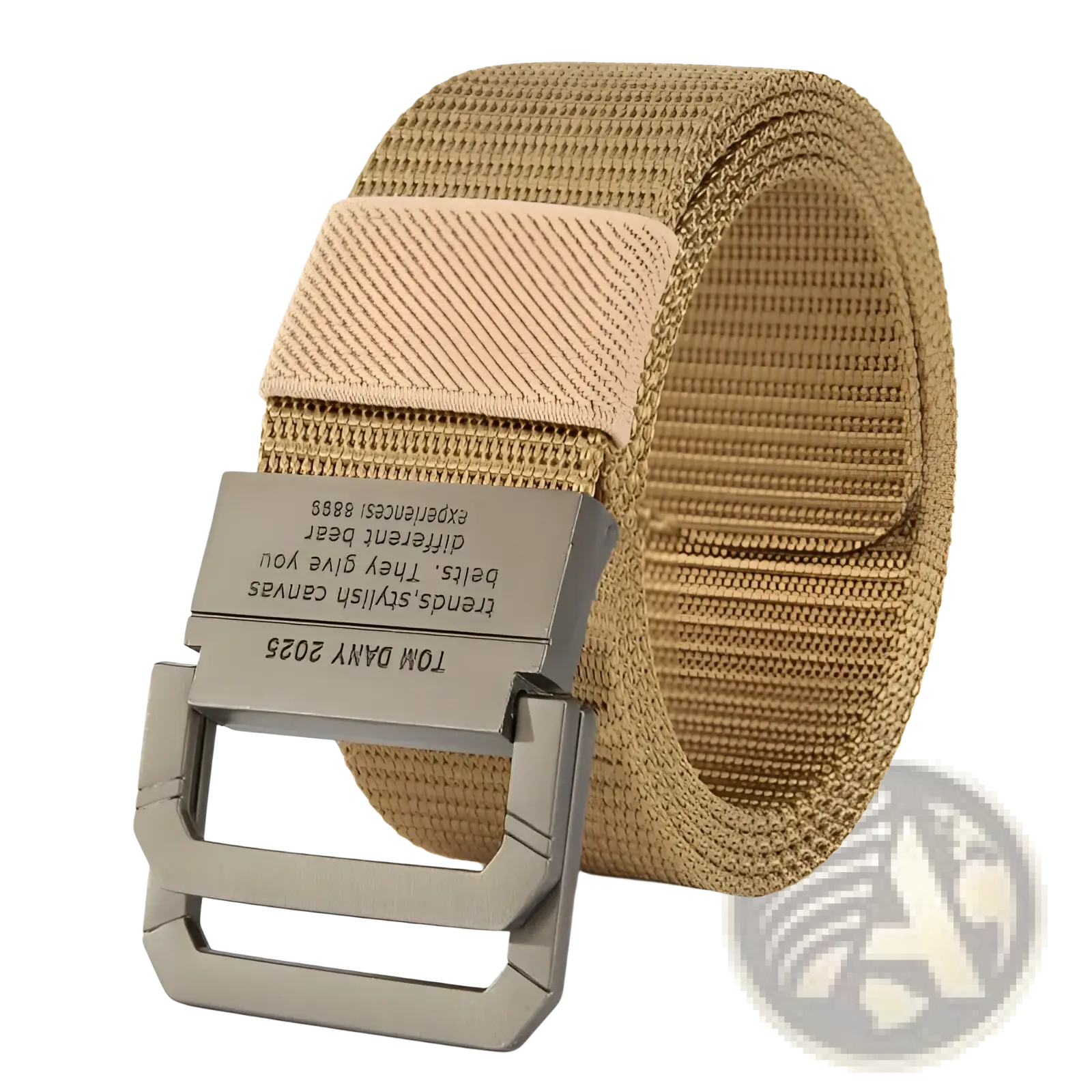 Tan canvas web belt with automatic matte gray metal buckle engraved with text for unisex tactical use