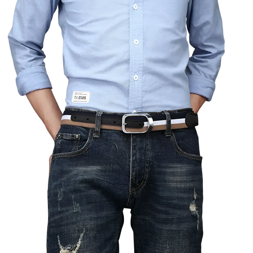 Black leather canvas web stripe belt for men with white and tan stripes and silver toned buckle for casual wear