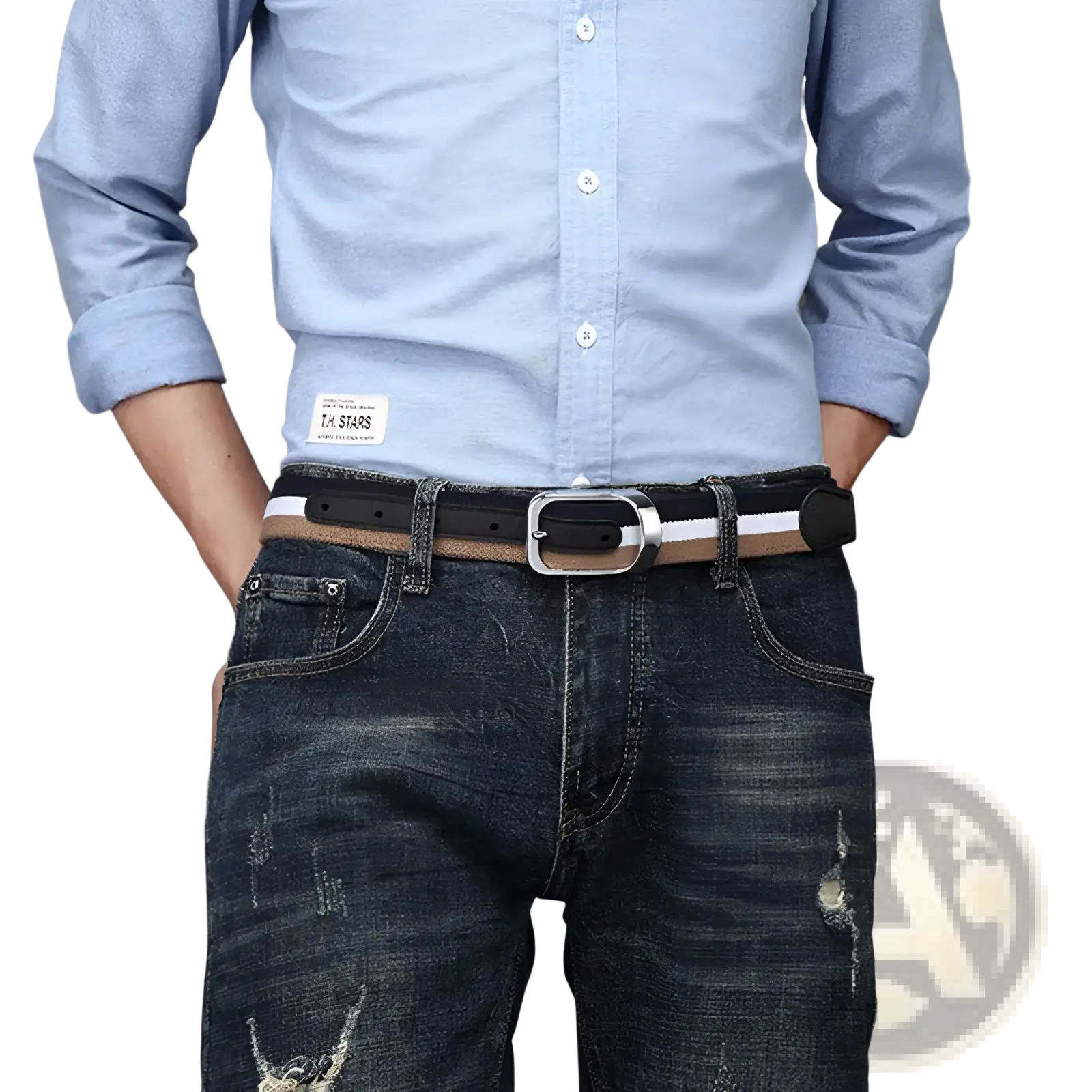 Black leather canvas web stripe belt for men with white and tan stripes and silver toned buckle for casual wear