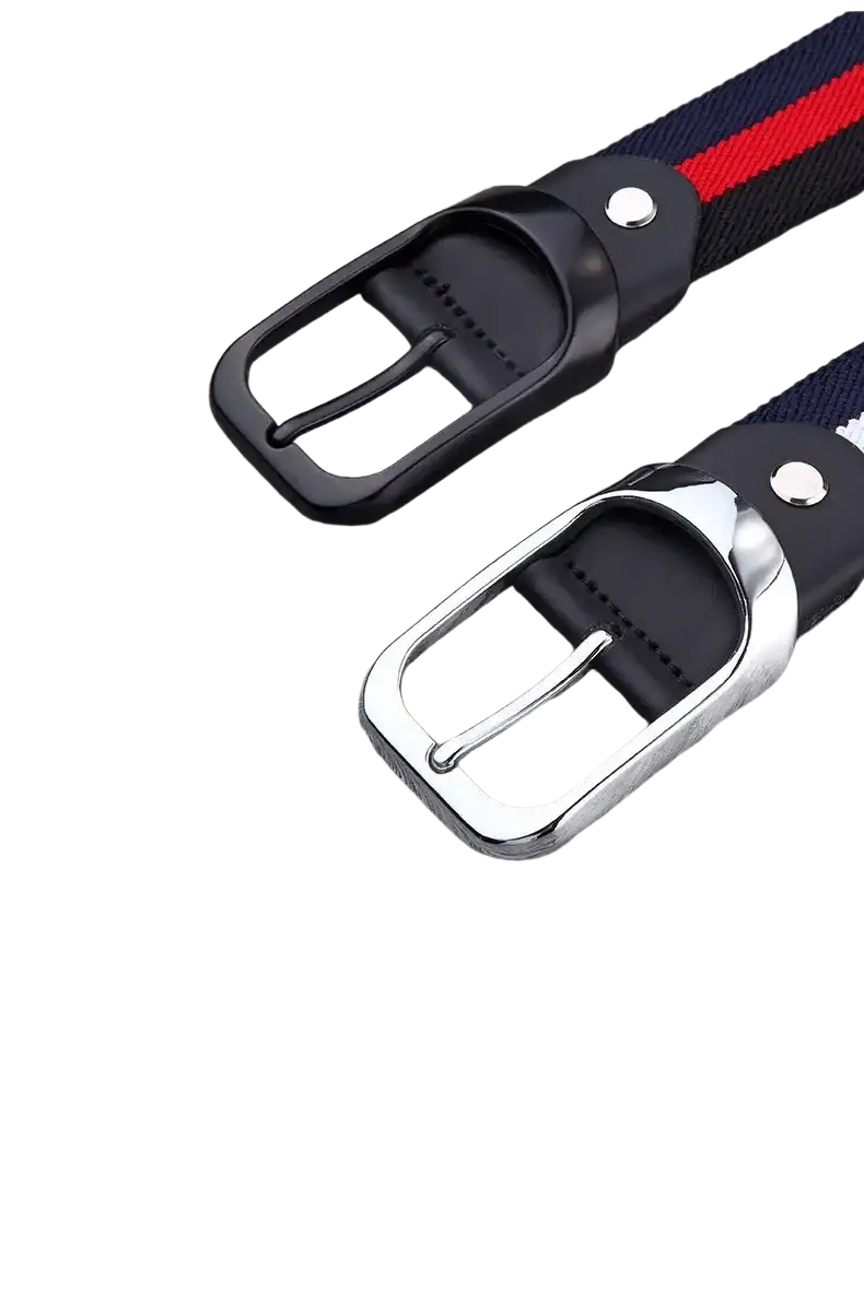 Canvas web stripe belt men casual waistband with black and silver metal buckle and navy red white woven strap