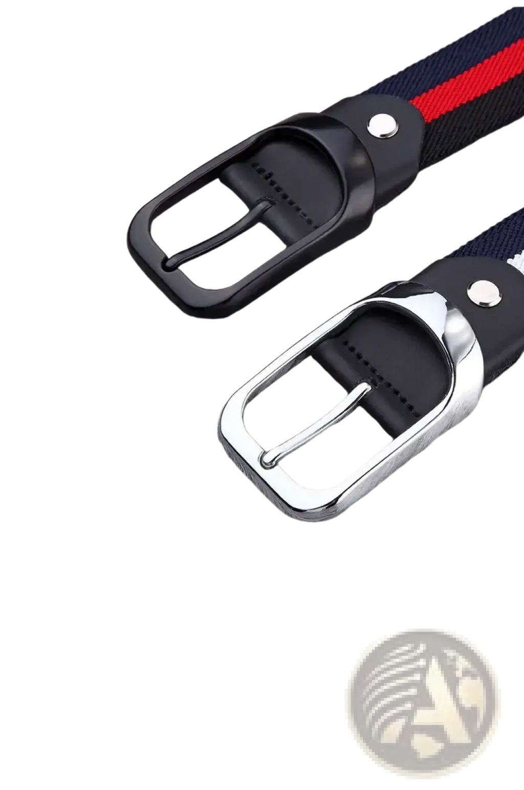 Canvas web stripe belt men casual waistband with black and silver metal buckle and navy red white woven strap