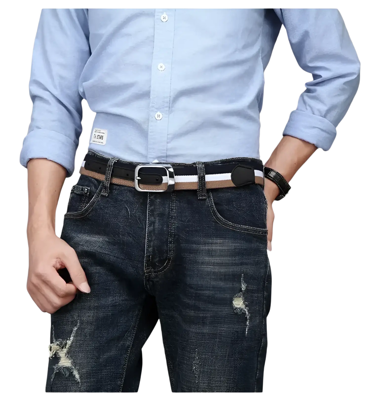 A black and tan striped leather canvas web stripe belt men casual waistband with a silver toned buckle