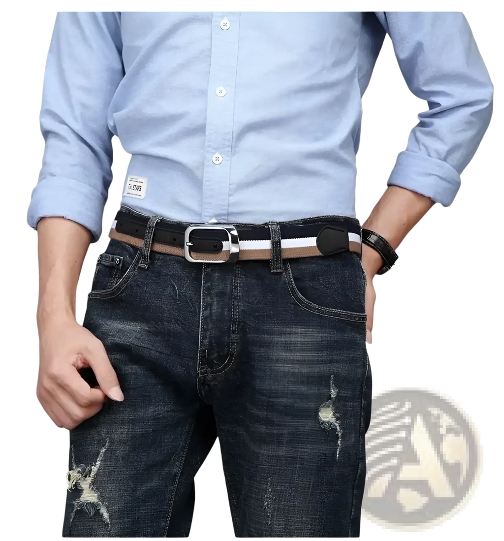 A black and tan striped leather canvas web stripe belt men casual waistband with a silver toned buckle