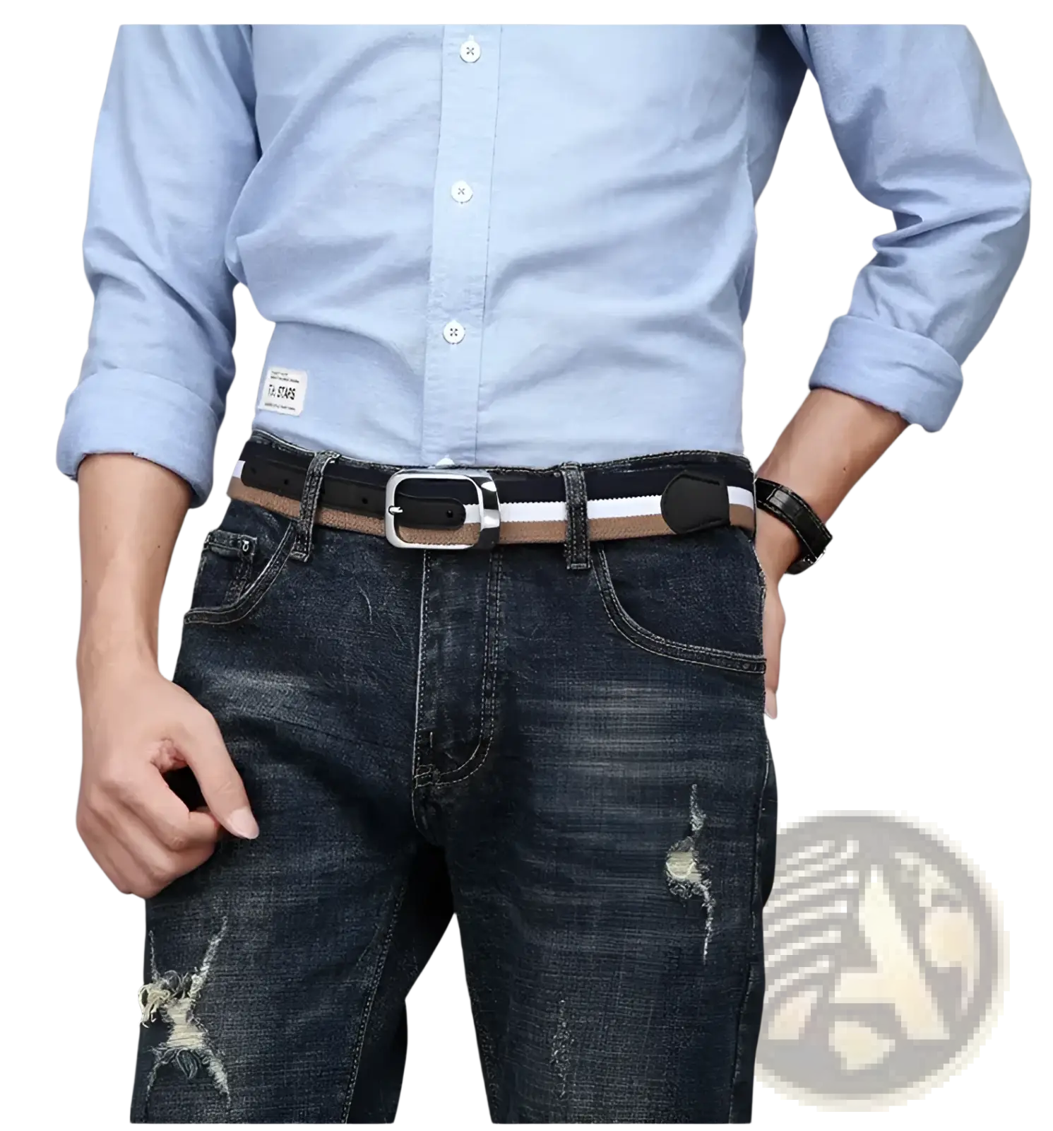 A black and tan striped leather canvas web stripe belt men casual waistband with a silver toned buckle