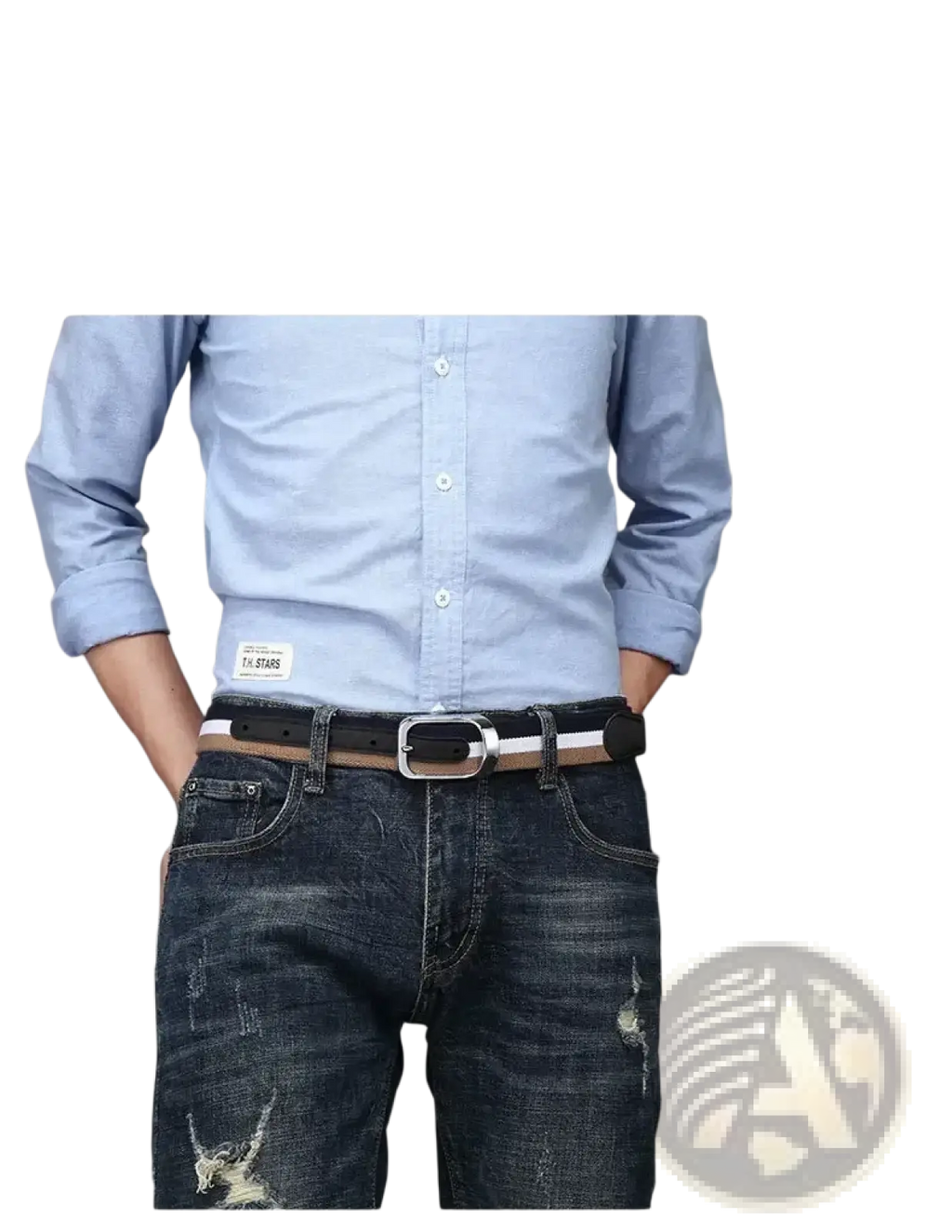 Black and white striped leather canvas web stripe belt for men with silver rectangular buckle casual waistband