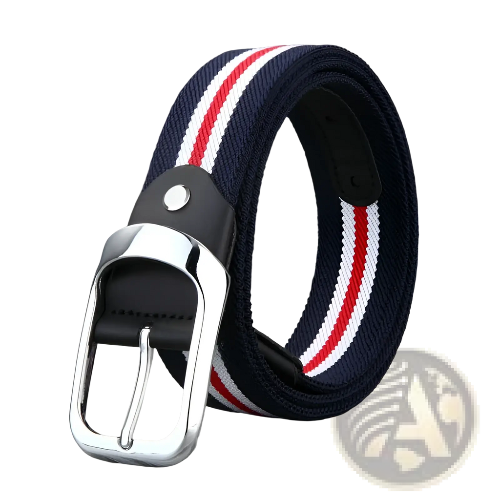 Navy blue canvas web stripe belt with red and white stripes black leather accents and silver metal buckle for men casual use